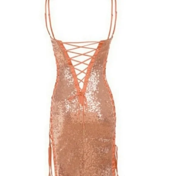 House of CB London Harley Lace Up Sequin Cocktail Mini Dress In Rose Gold - Picture 3 of 12